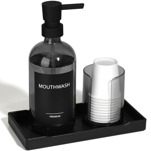 Mouthwash Dispenser for Bathroom, Glass Mouth Wash Pump Dispenser with Cup Holder, 17 Fl Oz Mouthwash Bottle Decanter with Tray, Refillable Mouthwash Dispenser Container (Clear Black)