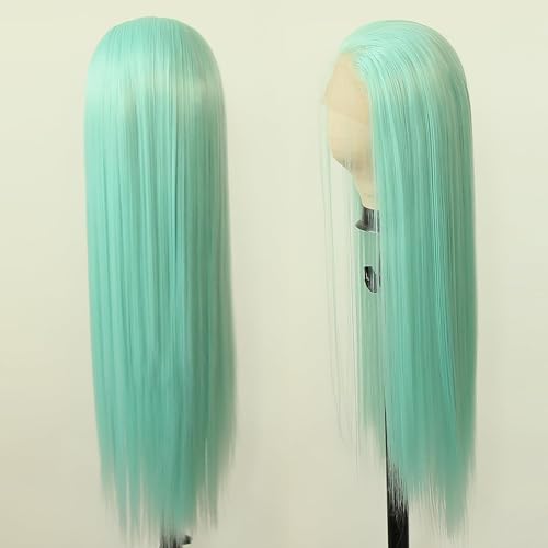 24 Inch Mint Green Lace Front Wig for Women Long Straight Heat-Resistant Synthetic Hair