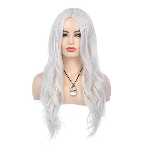 White Long Curly Wavy Costume Wig for Women Girls - Heat Resistant Synthetic, Middle Part, Halloween Cosplay