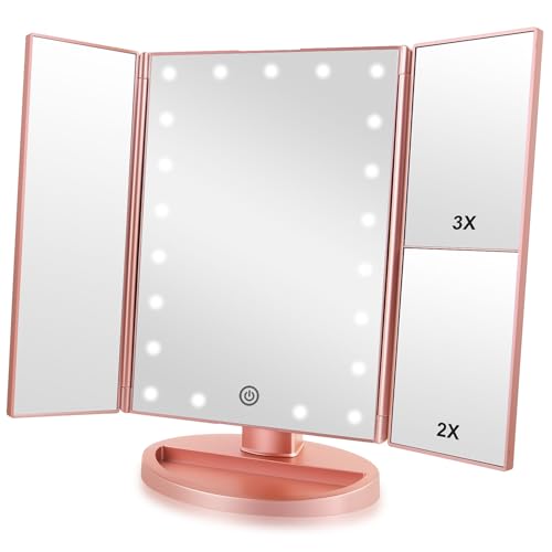 Infitrans Rose Gold Trifold LED Makeup Mirror with Lights & Touch Control