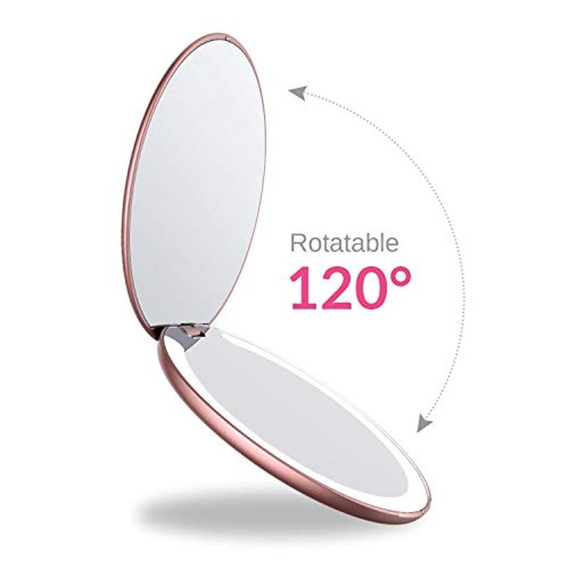 EASEHOLD Compact LED Magnifying Travel Makeup Mirror, 4 inch 1X/3X Magnification Portable Small Hand Pocket Mirror, Dimmable Double Sided USB Rechargeable Touch Screen (Rose Gold)