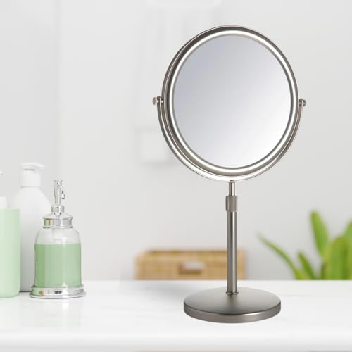 JERDON Two-Sided Tabletop Makeup Vanity Mirror - 5X-1X Magnification & Swivel Design - 9-Inch Diameter Mirror with Adjustable Height - Nickel Finish - Model JP4045N