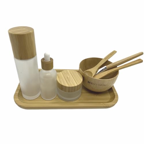 Bamboo & Glass 8 Pack Face Mask Mixing Bowl Set with Tools & Refillable Containers