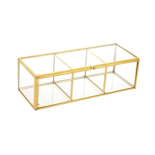 Gold Glass Jewelry Box with Compartments - Clear Display Canister Organizer for Jewelry & Trinkets