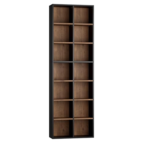 FOTOSOK 7-Tier Narrow Bookshelf Tall Media Tower in Black/Brown, Space-Saving Storage