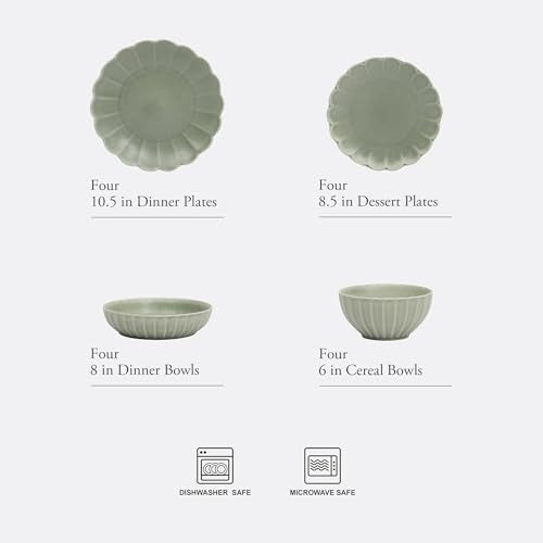 Malibu Shore Green 16-Piece Dinnerware Set Service for 4 Scalloped Stoneware