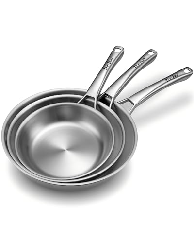 VocVoi 3-Ply Stainless Steel Frying Pan Set 8in/10in/12in with Ergonomic Handles