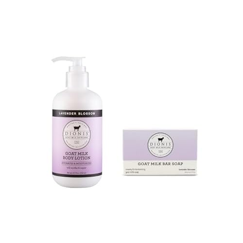 Dionis Goat Milk Skincare Lavender Blossom Scented Lotion (8.5oz) and Hand & Body Bar Soap (6oz) Bundle - Made in USA - Cruelty Free and Paraben Free Formula