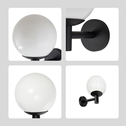Outdoor Globe Wall Light Fixture - Modern Black Sconce with Opal Glass Shade for Porch, Patio, and Balcony