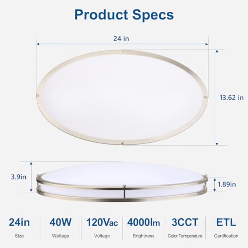 DAKASON 24-inch Oval LED Flush Mount Ceiling Light Fixture - Brushed Nickel, 40W, 4000LM, Dimmable, 3 CCT