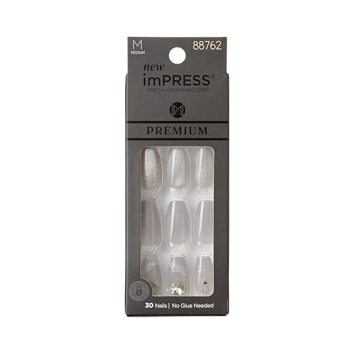KISS imPRESS Press-On Manicure Premium Collection Fake Nails - Legacy, Gray, V-Cut Stone, Medium & Ballerina/Coffin Shape, Easy To Apply, Super Hold, Chip Proof, Smudge Proof, No Dry Time | 30 Count