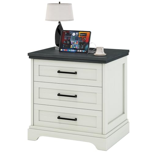 White Farmhouse 3 Drawer Nightstand with Charging Station - Wood & USB Power Hub (23.6''L x 18''W x 24.3''H)