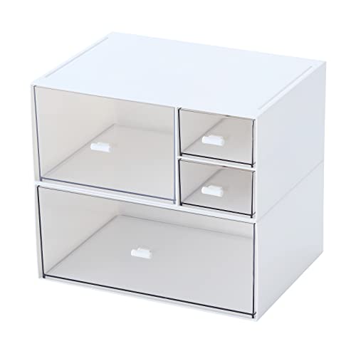 Desk Organizer with 4 Drawers, Makeup Organizer, Plastic Sundries Storage, Vanity Organizer, Cosmetic Storage Organizer, Desk Storage Box, Bathroom Counter or Dresser, White (CD-QBH-01)