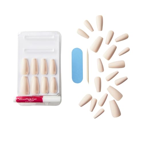 KISS Gel Fantasy, Press On Nails, Nail glue included, '4 the Cause', Beige, Long Size, Coffin Shape, Includes 28 Nails, 2g Glue, 1 Manicure Stick, 1 Mini File, 1 Adhesive Tab