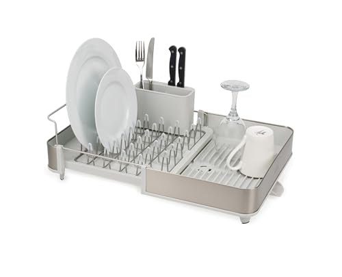 Extendable Steel Dish Rack with Draining Spout - 1-Tier Light Stone