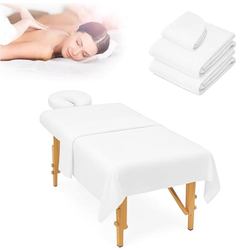 Massage Table Sheet Set, 3pcs (Flat Sheet, Fitted Sheet, Face Rest Cover), White Microfiber for Spa and Professional Use