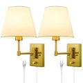 Gold Wall Sconces Set of Two - Modern Plug-In Swing Arm Lamps with Linen Shades