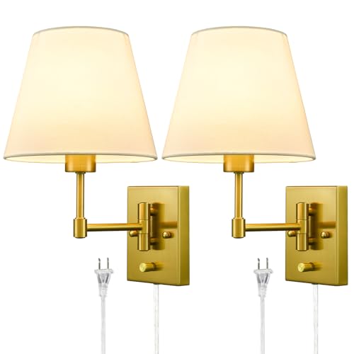 Gold Wall Sconces Set of Two - Modern Plug-In Swing Arm Lamps with Linen Shades