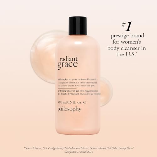 philosophy radiant grace hydrating bath & shower gel- cleanses, soothes & comforts dry skin - with notes of jasmine, black cherry & sandalwood - 16 fl oz