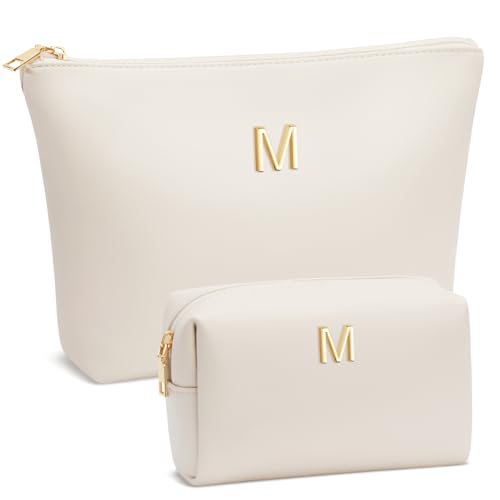 Birthday Gifts for Women Initial Makeup Bag Set Personalized Girl Cosmetic Travel Toiletry Bag Gifts for Bridesmaid Friend Graduation Teachers(Beige,M)