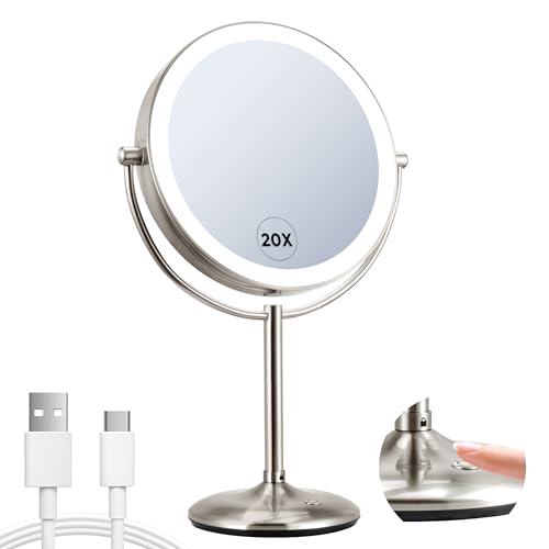 9" Lighted Makeup Mirror, 1X/20X Rechargeable Magnifying Mirror with 3 Color Dimmable Lights for Bedroom Tabletop, Base Charging and Switch, Women Gift