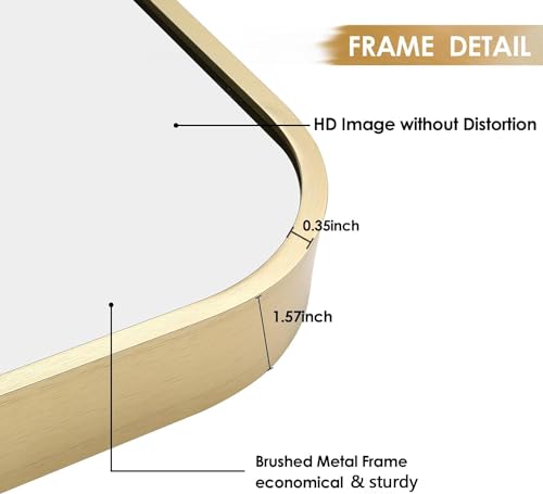 JENBELY 30x36 Inch Gold Bathroom Mirror Brushed Brass Rectangular with Rounded Corners - Light Gold