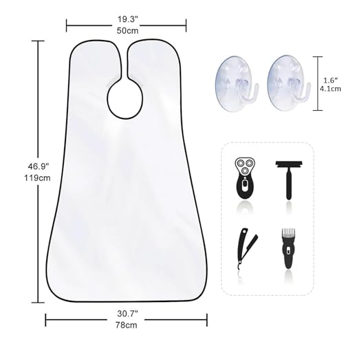 Beard Bib Apron for Men, Father's Day Gift Beard Trimming Catcher Bib for Shaving & Hair Clippings, Waterproof Non-Stick Hair Catcher Grooming Cloth with 2 Suction Cups(White)