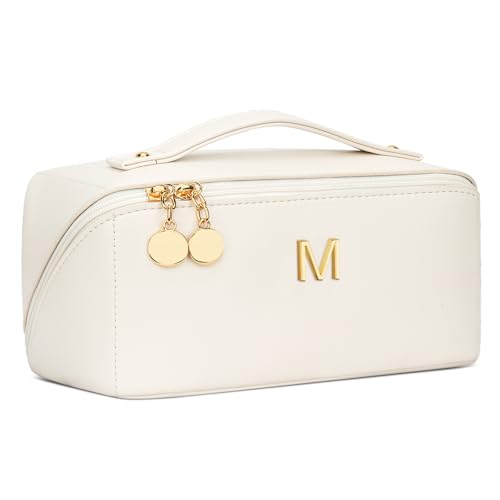 Large Beige Personalized Initial Makeup Bag for Bridesmaids - CLOUDWINGS