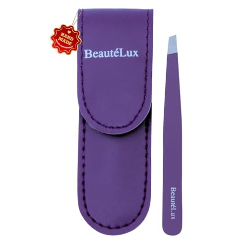 Premium Slant Tip Eyebrow Tweezer (Purple), Stainless Steel Precision Tweezers for Men & Women, for Facial Hair Removal, with Leather Case