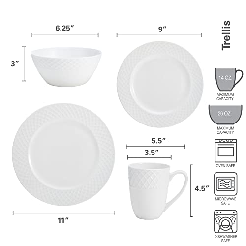 Mikasa Trellis 16-Piece Bone China Dinnerware Set - White, Includes Plates, Bowls & Mugs, Dishwasher Safe, Contemporary Design