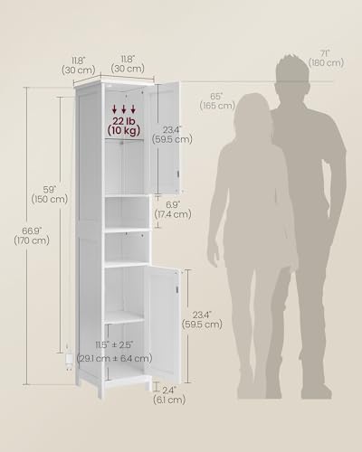 VASAGLE Tall Storage Cabinet with Lights, Slim 11.8x11.8x66.9 in Cloud White - Adjustable Shelves & Door-Activated Lighting