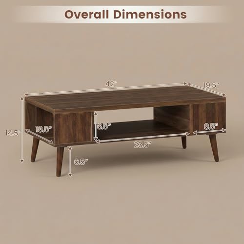 Mid Century Modern Walnut Coffee Table with Storage and Open Shelf