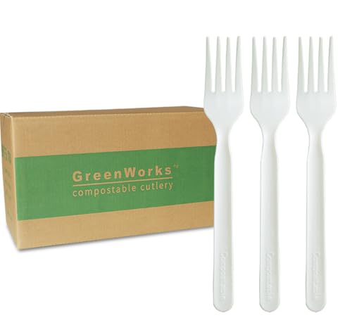 GreenWorks 1000 Count Large Heavy-Duty Compostable Forks - BPI Certified Disposable Cutlery, FORKS
