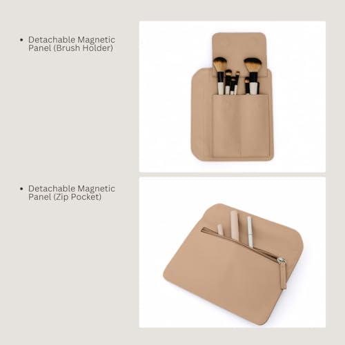 MELINE Khaki Brown Makeup Bag with Brush Holder – Large Travel Cosmetic Case