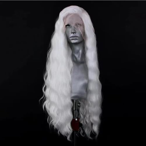 ELESTY CR1001 White Long Wavy Synthetic Lace Front Wig 24 Inch for Women — Glueless, Pre-Plucked, Heat Resistant Fiber, Cosplay & Party