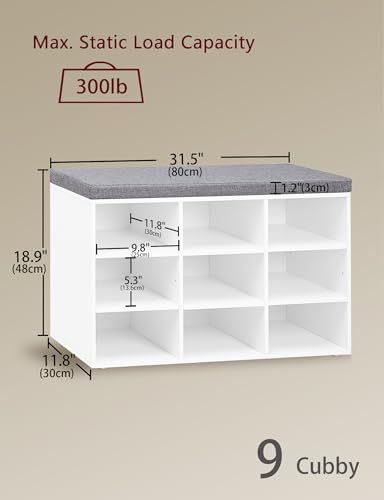 White Shoe Storage Bench with Cushion, 31.5-Inch Cubby Shoe Rack, 9 Cubbies - DINZI LVJ
