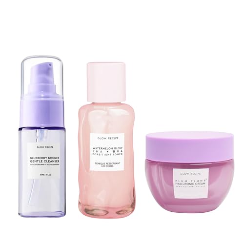 Glow Recipe Blueberry Bounce Gentle Face Cleanser (30 ml) + Watermelon Glow PHA + BHA Facial Toner & Pore Minimizer (40 ml) + Plum Plump Hyaluronic Acid Face Cream (20 ml) - Travel Friendly
