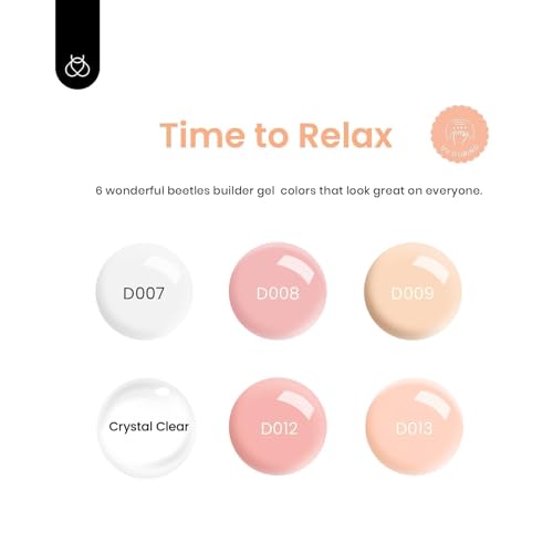 Beetles Builder Gel Set,Soft Nude Whisper 6 Colors 8 in 1 Strengthening Building Apex & Nail Extension for Beginners DIY Salon at Home,Nude Pink Builder Nail Gel,UV & LED Lamp Needed