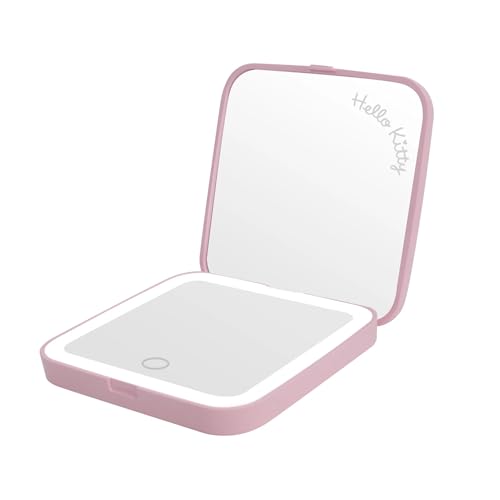 Impressions Vanity Hello Kitty Rows of Bows LED Compact Mirror with Artwork Design and 2X Magnified Purse Mirror, Makeup Mirror with Soft Touch Sensor, Portable Design and Adjustable Brightness(Pink)
