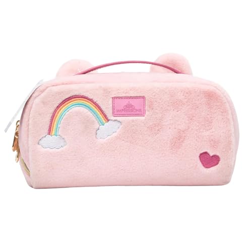 Impressions Vanity Care Bears Cheer Bear Unfold Travel Makeup Bag Organizer, Opens Flat Zippered Cosmetic Bag with Cozy Teddy Fur, Artwork Lined Interior, 3 Inner Pockets, and Top Handle in Rainbow