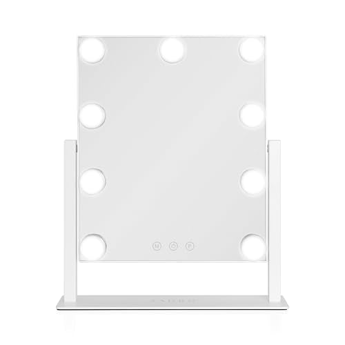 Lighted Vanity Mirror with 9 LED Bulbs, 3 Color Settings, 360° Rotation - White - 14"