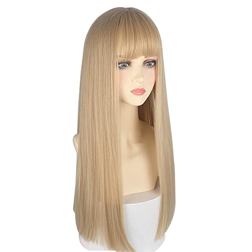White Gold 23-Inch Straight Synthetic Wig for Women with Bangs - Cosplay & Party Hair