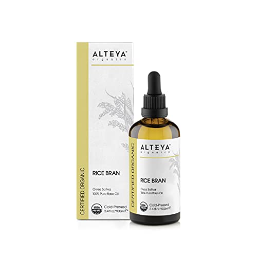 Alteya Organics Rice Bran Oil, Certified Organic Carrier Oil, 3.4 Fl Oz, Cold Pressed 100% Pure Oryza Sativa (Rice) Bran Base Oil