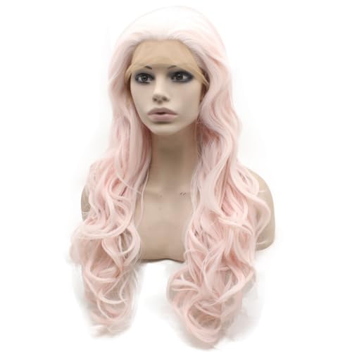 MX Angel Long Wavy Light Pink Lace Front Synthetic Wig Half Hand Tied for Cosplay & Party