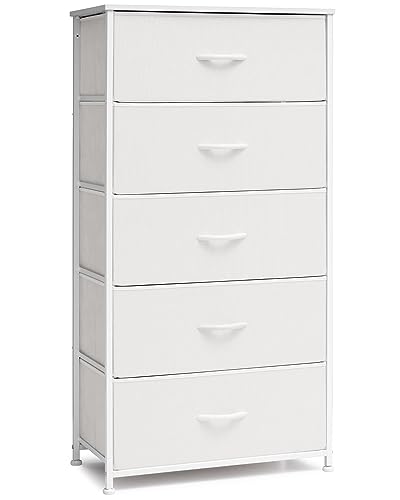 Tall Fabric Dresser with 5 Drawers - Wide White Vertical Storage Organizer