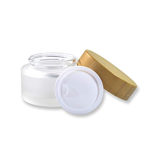Frosted Glass Cream Jars,4 Pack 100ml/3.4oz,Natural Bamboo lids Empty Refillable Cosmetic Container Bottles Glass Cosmetic Sample Jars with lids for Face Cream Make Up Eye Shadow Travel