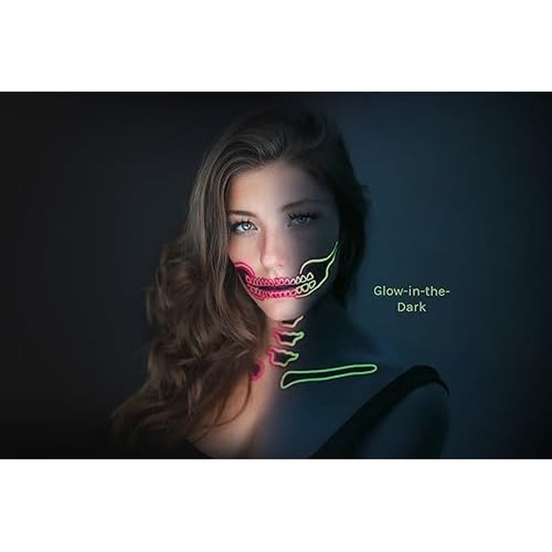 2 x Neon Skull Face Pink Temporary Tattoo, Halloween Costume for Women and Men, Adult, Glow in the Dark