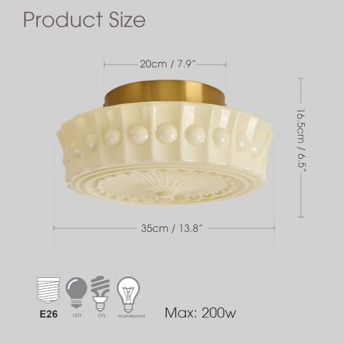 Vintage Milk Glass Flush Mount Ceiling Light Cream Yellow Shade with Brass Base