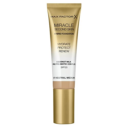 Max Factor Miracle Second Skin Foundation SPF 20-07 Neutral Medium, Lightweight Face Makeup 1.01 oz