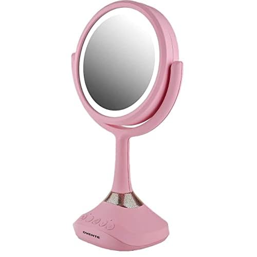 Ovente Lighted Vanity Mirror, Table Top, 360 Degree Spinning 6'' Double Sided Circle LED 1X 5X Magnifier with MP3 Audio, Built-in Wireless Speaker, Rechargeable, USB Operated, Baby Pink MRT06P1X5X